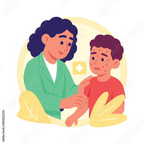 An amazing flat illustration of a pediatrician examining a child with a rash