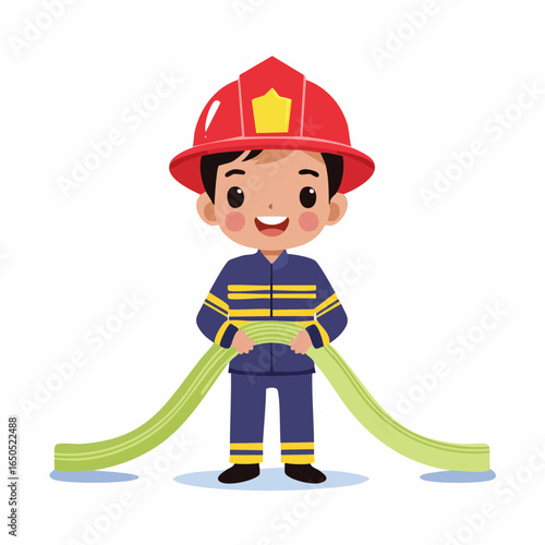 Minimalist flat vector icon of a kid pretending to be a firefighter, symbolizing bravery and childhood play.