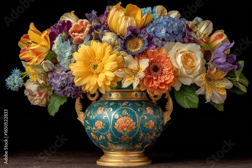 Wallpaper Mural Colorful flowers in blue vase with floral design on black background. Ideal for floral designs, cards, and enhancing visual projects. Torontodigital.ca