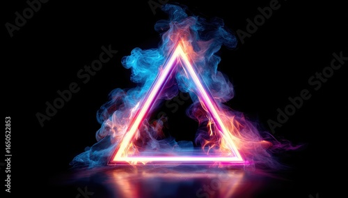 Neon triangle frame, vibrant colors, smoke, reflections