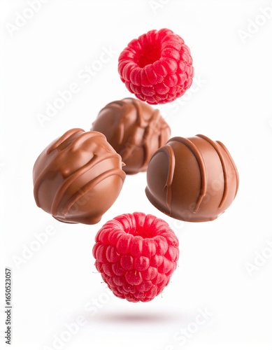 Fresh Raspberries with Chocolate Splash Isolated on White Background