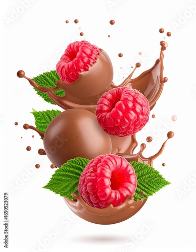 Fresh Raspberries with Chocolate Splash Isolated on White Background
