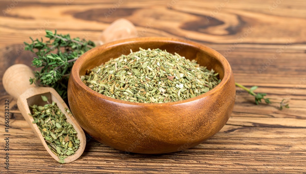 Thyme dried herbs in a wooden bowl with a bouquet of thyme leaves herbs on wooden table background Thyme dried herbs in a wooden bowl with a bouquet of thyme leaves herbs on wooden table background