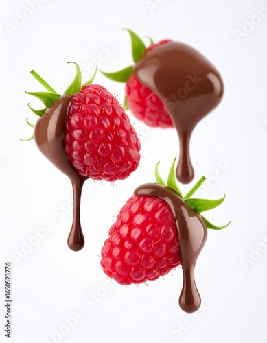 Fresh Raspberries with Chocolate Splash Isolated on White Background