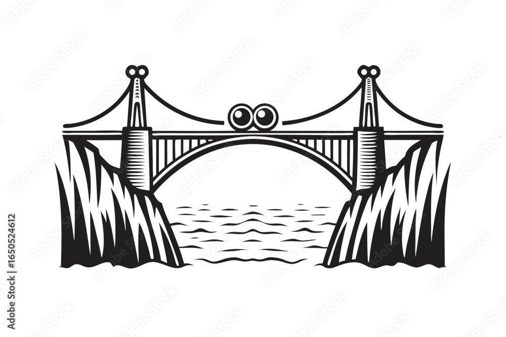 Fototapeta premium Isolated Suspension Bridge On Cliff, Stylish Icon on White Background