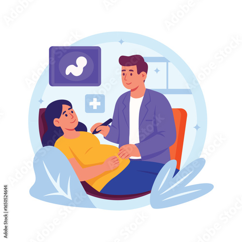 Flat illustration of a pregnant woman undergoing an ultrasound scan.