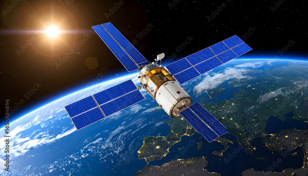 Obraz premium Satellite in Space Orbiting Earth with Sun Flare and Illuminated Continents Showing Night Lights