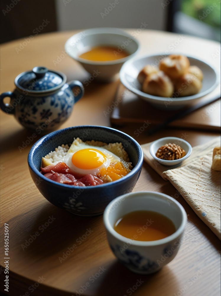 Traditional asian breakfast with tea and savory dishes Traditional asian breakfast with tea and savory dishes
