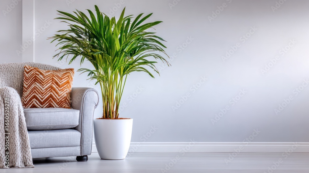 Fototapeta premium Serene Home Interior: A tranquil living space featuring a cozy armchair, a decorative pillow, and a lush potted plant against a minimalist backdrop, inviting peace and relaxation.