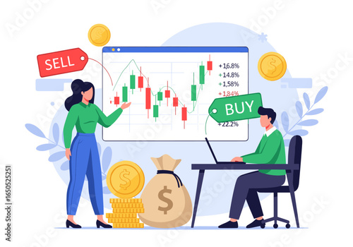 Financial trading professionals analyze market trends to make profitable buy and sell decisions