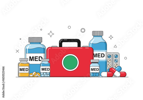 Essential medical kit with pills, tablets, and first aid supplies for health and wellness