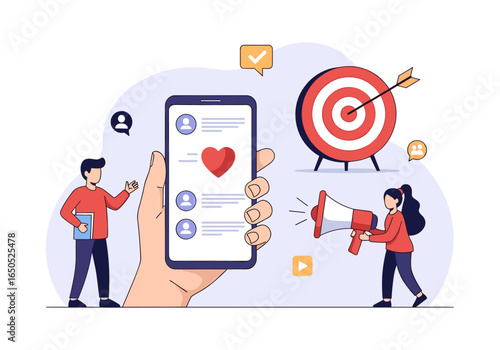 Social media marketing strategy with mobile phone, target, and megaphone for success