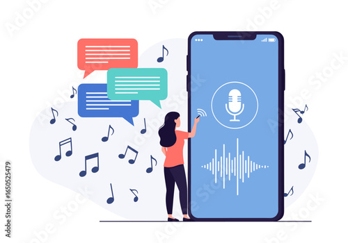 Voice assistant technology connecting with musical notes, innovative audio communication concept
