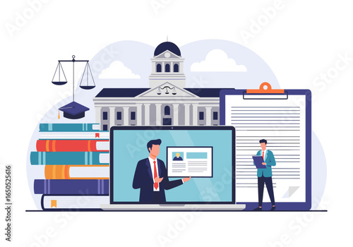 Legal professional presenting online education concept with law school building background