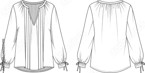 Women's Pintuck V-Neck Blouse with Tie Cuffs, Fashion Technical Flat Sketch, Apparel Design CAD, Boho Chic Casual Top