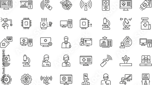 AI in Medicine Line Icon Set with Diagnostics, Technology, Telemedicine, Monitoring, Health, Chip, Computer, Microscope, Clinical, and Support

