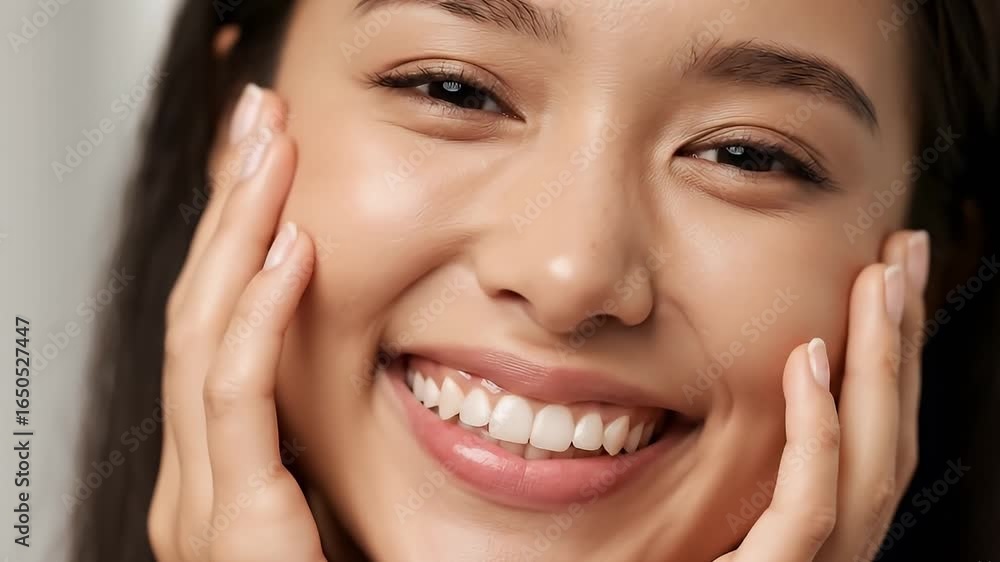Closeup of a smiling woman with her hands on her cheeks showcasing her radiant skin and healthy teeth Closeup of a smiling woman with her hands on her cheeks showcasing her radiant skin and healthy teeth