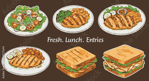 A collection of delicious and fresh lunch entries including salads, grilled chicken dishes, and sandwiches