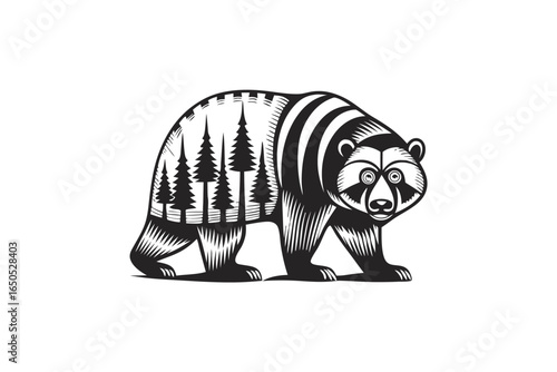 Bear Silhouette with Pine Trees Pattern Inside on a White Background