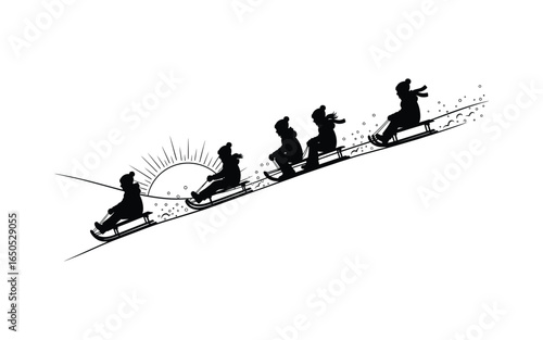 Silhouette of children sledding downhill on a snowy slope in winter, isolated on white background
