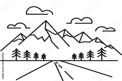 Monoline illustration of an open road journey into a vast mountain wilderness with pine trees under a cloudy sky.