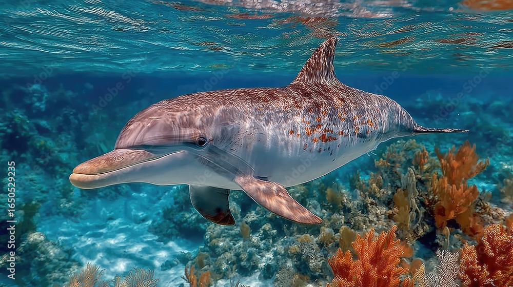 Fototapeta premium Dolphin swimming above coral reef, blue ocean and water surface view. Ideal for marine life projects or ocean conservation awareness.