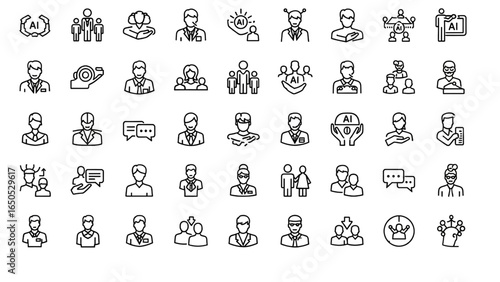 AI Copresence Attachment States Line Icon Set with Intimacy, Relationship, Artificial Empathy, Mental Projection, Communication, and Social Interaction in Thin Linear Style
