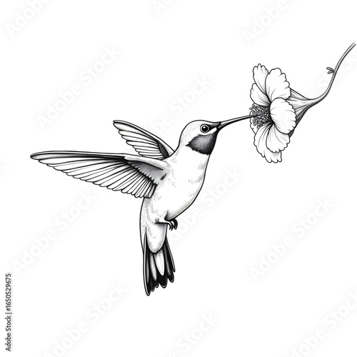 Hummingbird and flower: A delicately drawn hummingbird gracefully hovers near a blooming flower, its slender beak poised to sip nectar.
