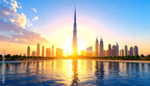 Dubai Cityscape at Sunset with Burj Khalifa and Skyscrapers reflected in the Water