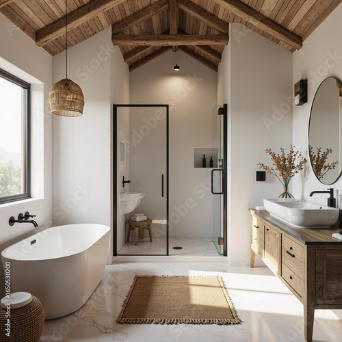A serene rustic-modern bathroom with a vaulted wood-beamed ceiling, a freestanding tub, and a glass shower, creating a warm, airy, and spa-like sanctuary.

