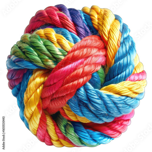 Vibrant, colorful rope knot.  A tightly knotted ball of multi-colored rope, with various shades of red, blue, yellow, green, and purple interwoven