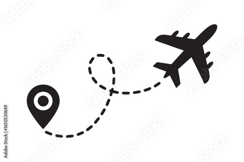 An airplane flight path icon showing a travel route from a starting location pin to a final destination, a concept for journeys and tourism.