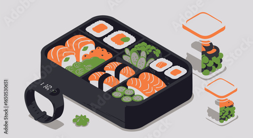 Healthy Sushi Bento Box Lunch Plan Isometric Illustration