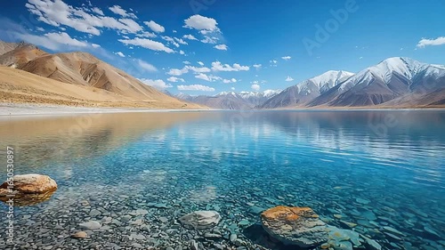 india landscape of barren mountains and pangong tso lake in ladakh