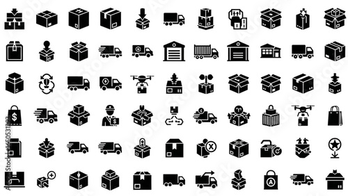 Delivery and Logistics Glyph Icon Set with Package, Truck, Warehouse, Drone, Supply Chain, Shopping Bag, Shipping, Courier, and E-Commerce Black Silhouette Illustration
