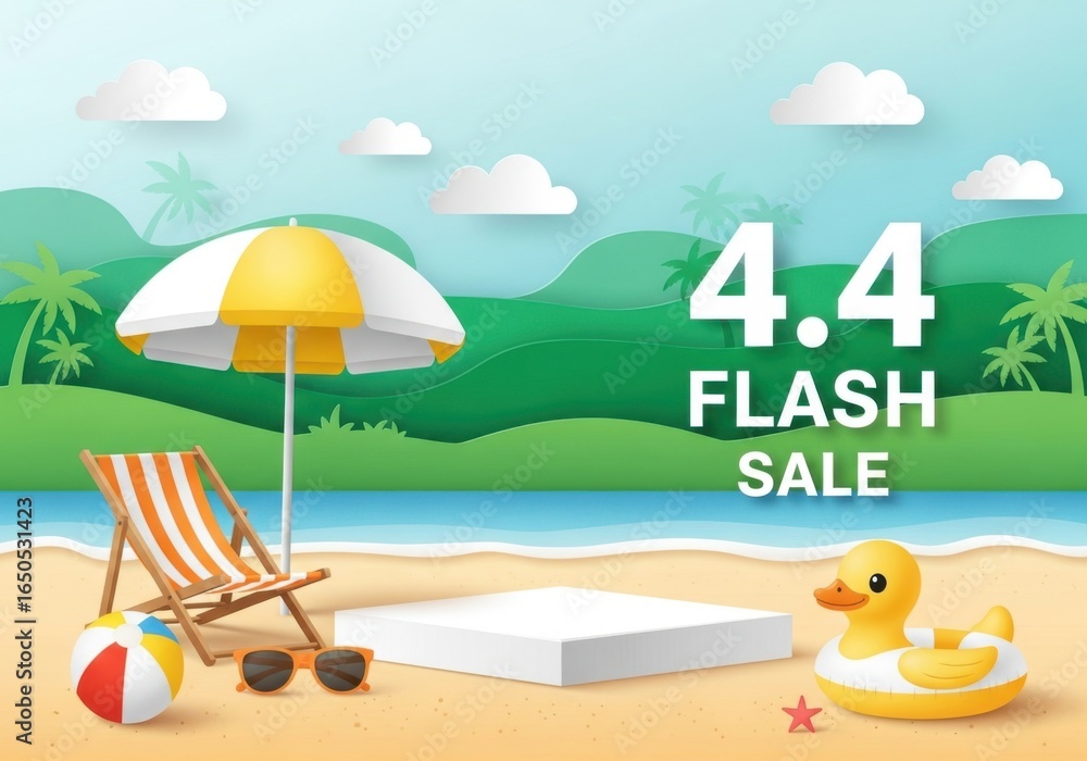 Naklejka premium Summer flash sale promotion on a tropical beach with beach chair, umbrella, ball, sunglasses, and rubber duck