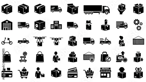 Delivery and Logistics Glyph Icon Set with Package, Truck, Warehouse, Drone, Supply Chain, Shopping Bag, Shipping, Courier, and E-Commerce Black Silhouette Illustration
