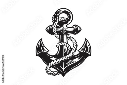 Detailed Anchor with Rope in Black and White Isolated on White Background