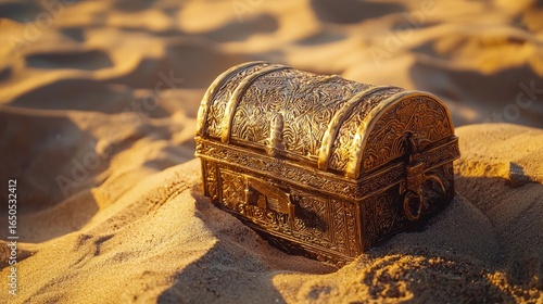 Ornate treasure chest sits in the golden sand.