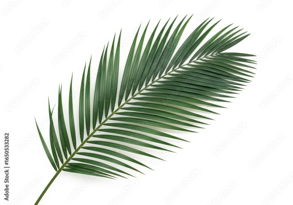 Fototapeta premium A single green palm leaf isolated on a white background, showcasing its delicate structure and natural beauty