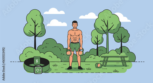 Vector illustration of a muscular athlete exercising outdoors in a park with dumbbells and a large wearable tech smart watch