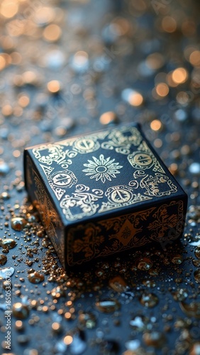 Ornate decorative box on glittery surface with intricate gold patterns