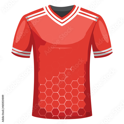 A modern red soccer jersey or sports uniform with a white V-neck collar and line details