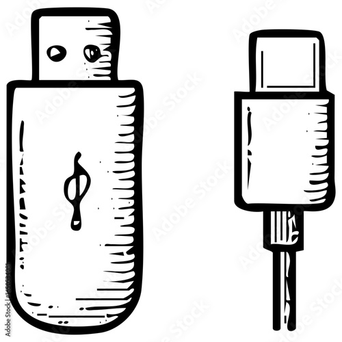 Hand-Drawn USB Flash Drive & Type C Cable Icon - Vintage Connector Sketch Vector