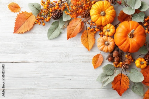 Autumnal pumpkins & foliage on white wood