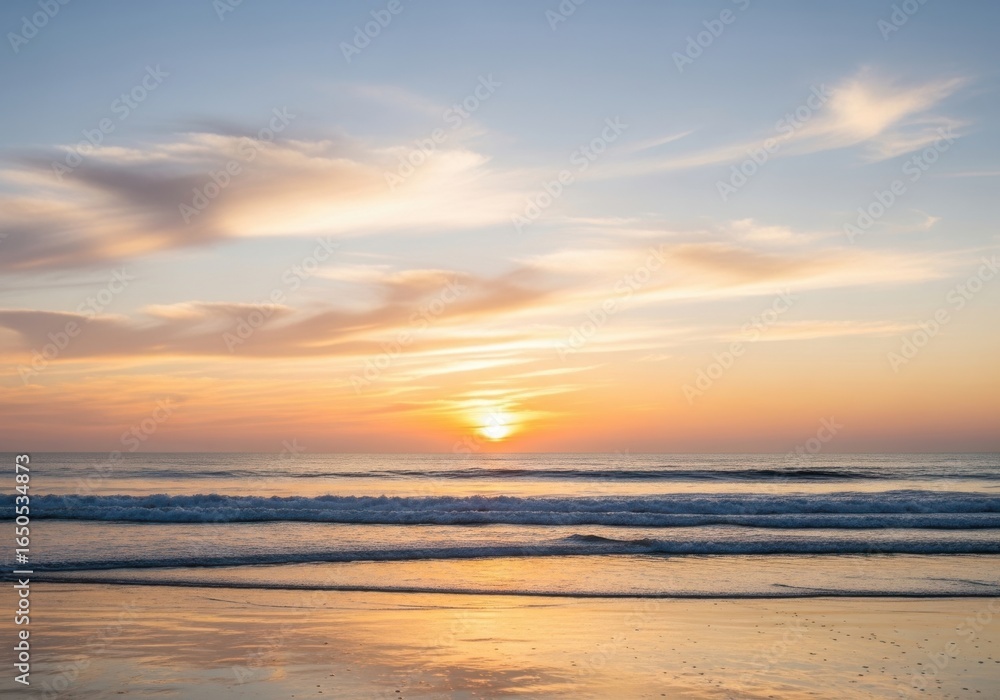 Obraz premium Beautiful ocean sunset with golden light reflecting on the water and gentle waves rolling onto the sandy shore