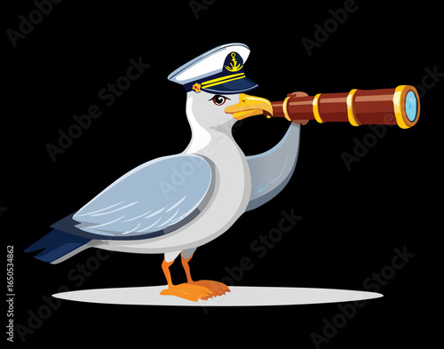 Illustration of a cartoon seagull wearing a sailor hat with a spyglass