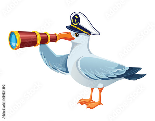 Illustration of a cute cartoon seagull holding a spyglass