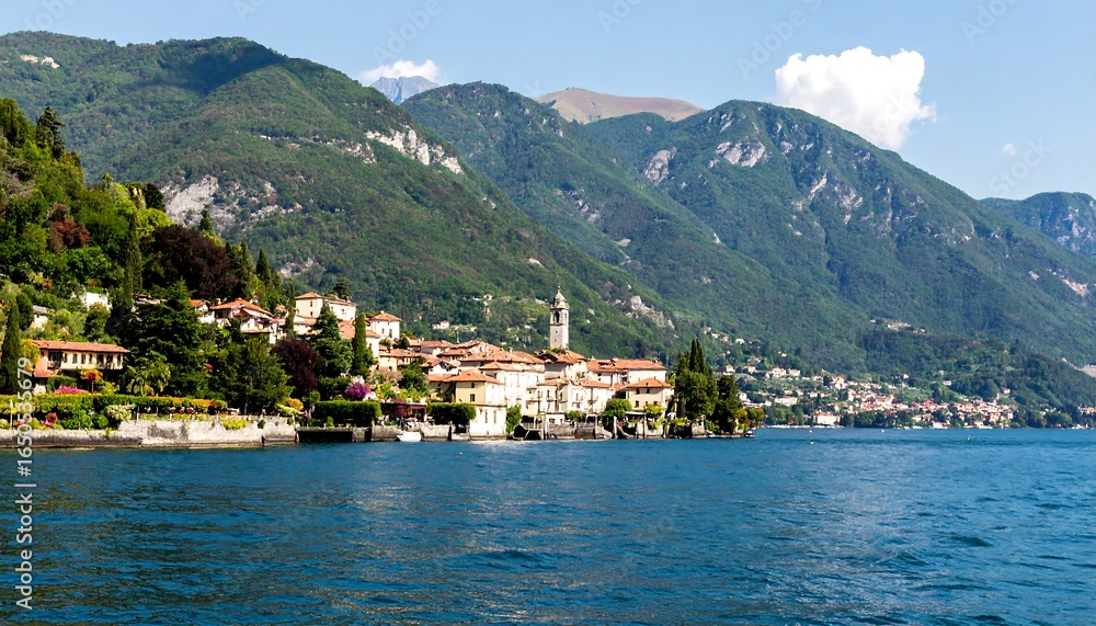 Fototapeta premium Lakeside village nestled amongst lush green hills on a sunny day