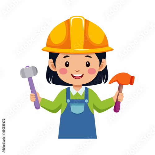 Flat minimalist vector icon of a kid pretending to be a builder, symbolizing creativity and childhood imagination.